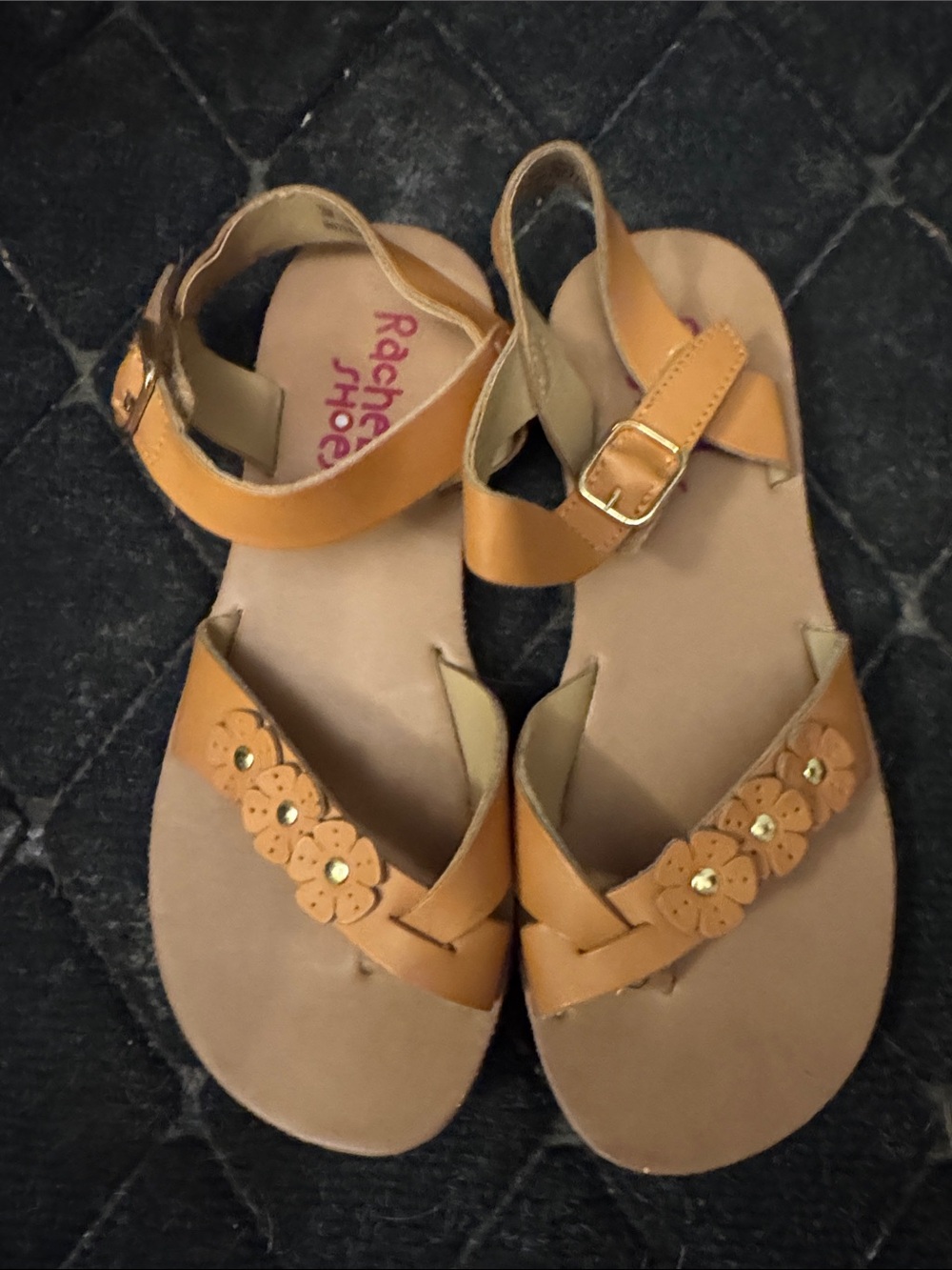 Rachel Shoes Tan Floral Ankle-Strap Sandals with Gold Accents